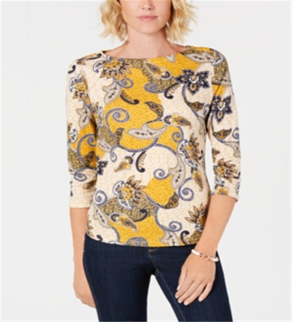 Charter Club Blusa feminina de algodão Pima com estampa de botões e ombros, tamanho pequeno, amarelo, P/M