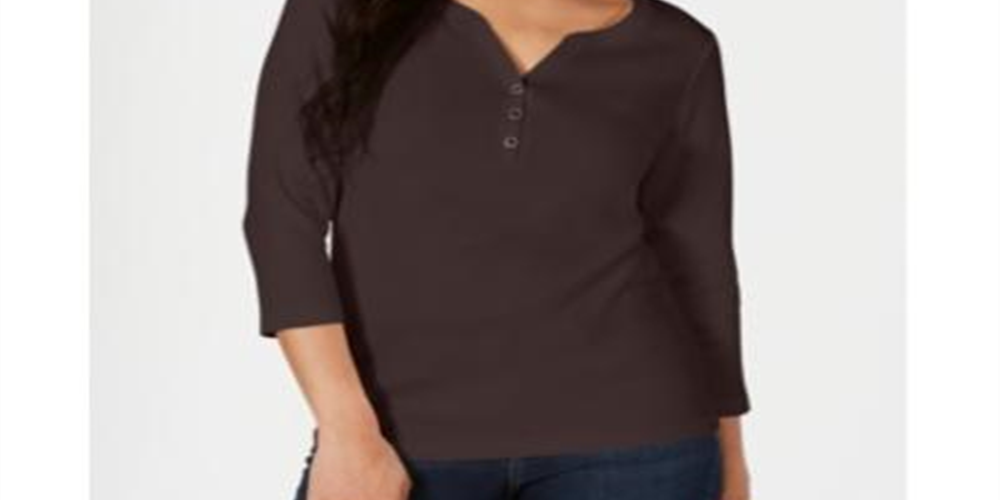 Karen Scott Top Henley de Algodão Feminino Marrom Tamanho P