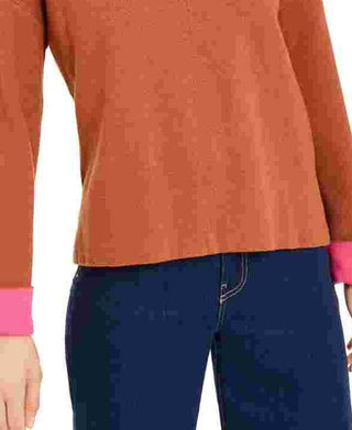 Blusa feminina Bar III de manga comprida com decote em joia, marrom, tamanho pequeno