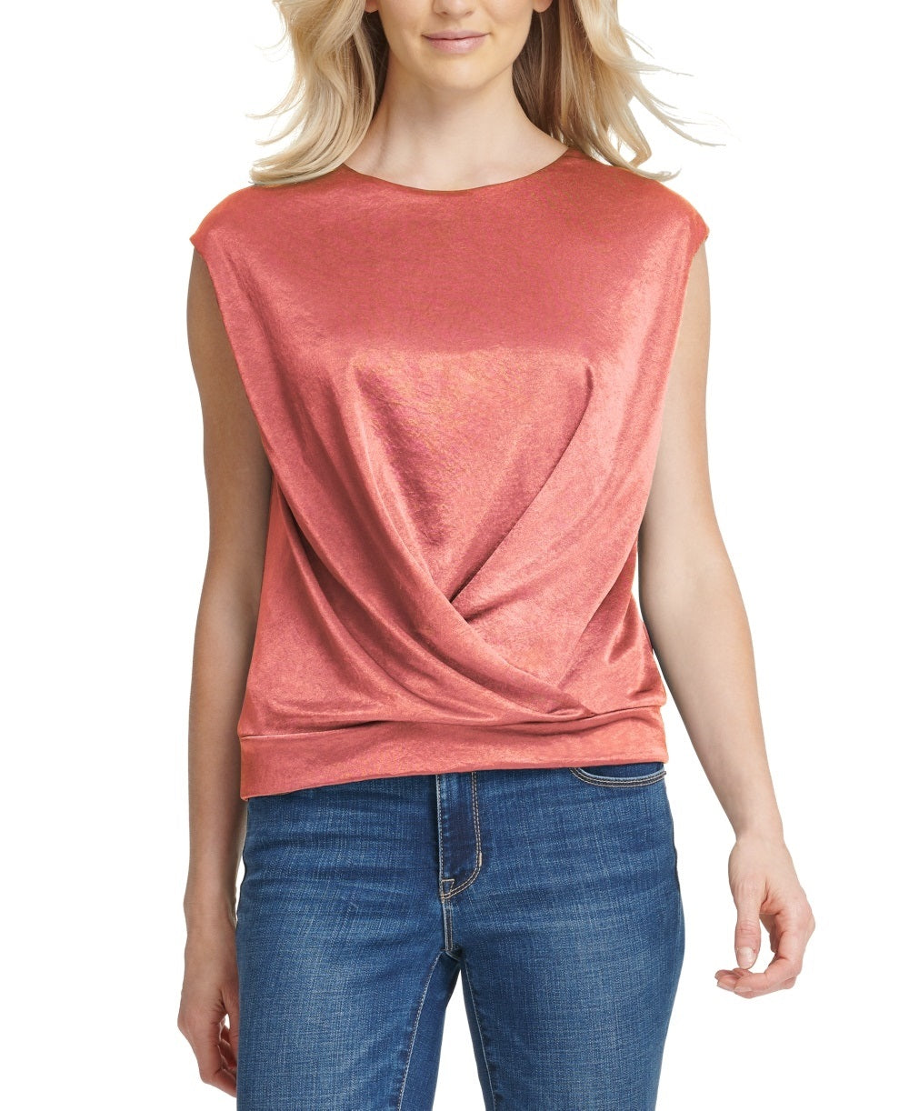 Blusa feminina DKNY rosa sem mangas com decote em joia, tamanho grande