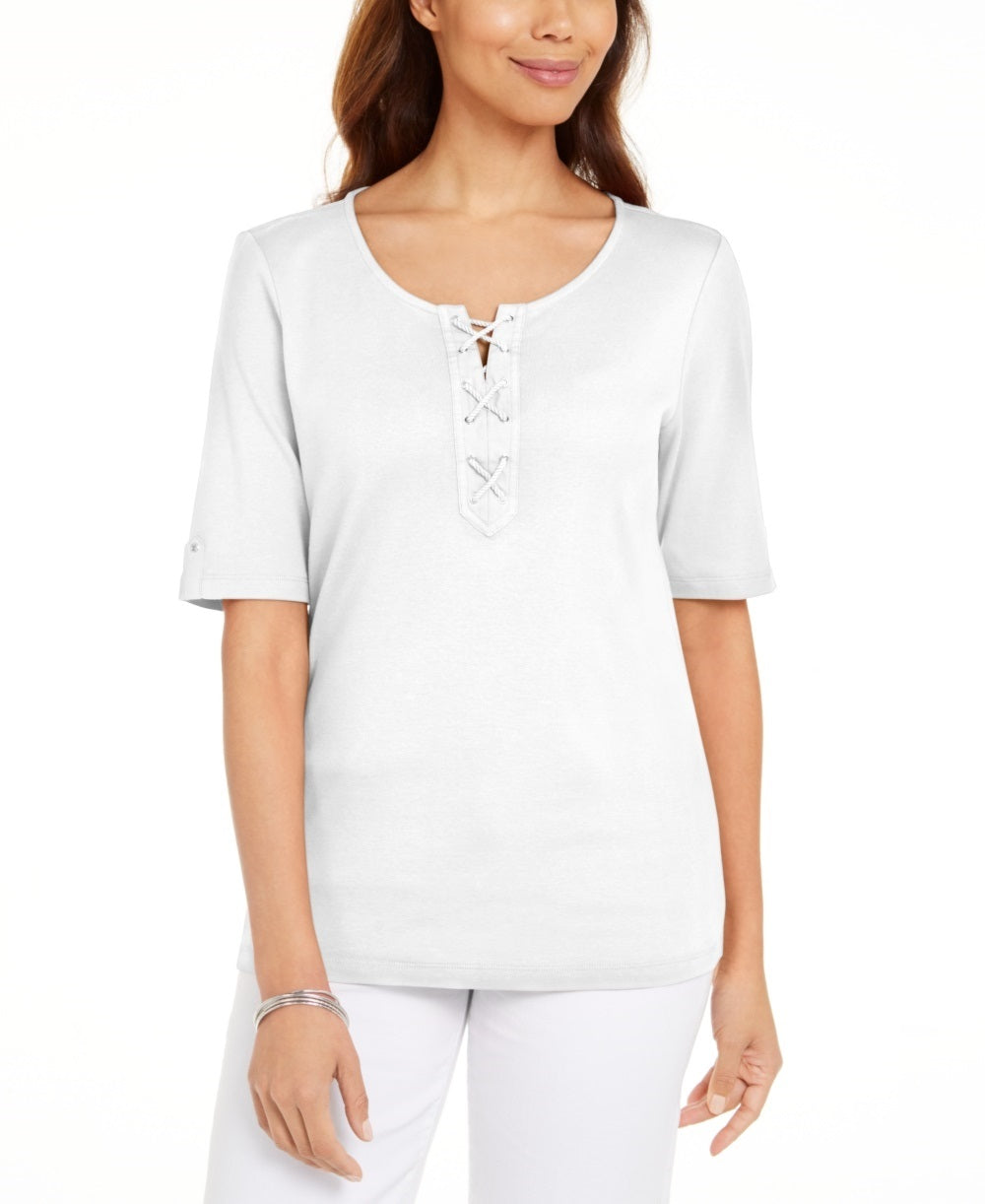 Karen Scott Blusa feminina de algodão com cadarço e manga cotovelo, branca, tamanho pequeno
