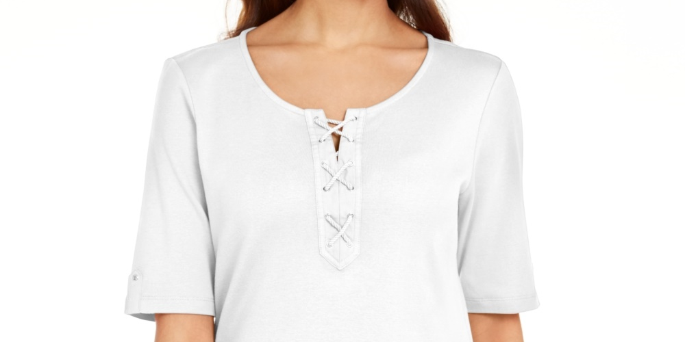 Karen Scott Blusa feminina de algodão com cadarço e manga cotovelo, branca, tamanho pequeno