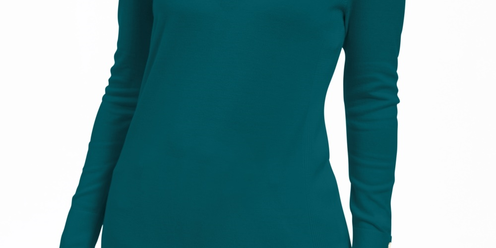 JM Collection Suéter Feminino com Punhos de Botão e Gola V Azul Tamanho Grande