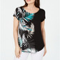 Camiseta feminina Alfani estampada com bainha redonda, preta, vários tamanhos, pequena P