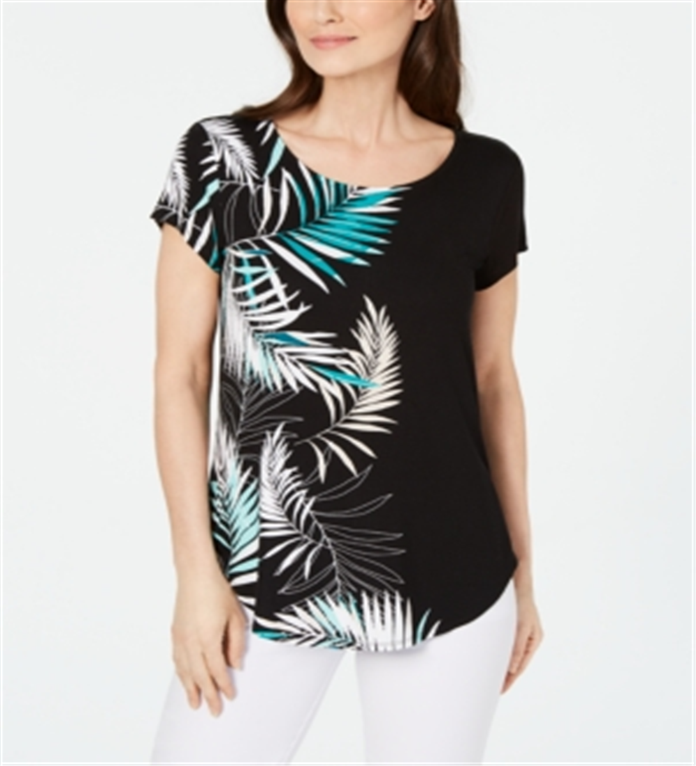 Camiseta feminina Alfani estampada com bainha redonda, preta, vários tamanhos, pequena P