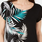 Camiseta feminina Alfani estampada com bainha redonda, preta, vários tamanhos, pequena P