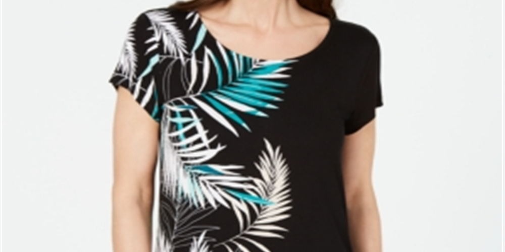 Camiseta feminina Alfani estampada com bainha redonda, preta, vários tamanhos, pequena P