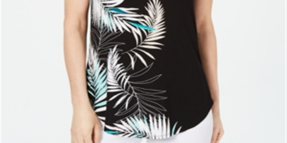 Camiseta feminina Alfani estampada com bainha redonda, preta, vários tamanhos, pequena P