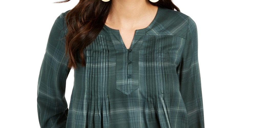 Blusa xadrez feminina estilo &amp; co com decote dividido, verde, tamanho grande