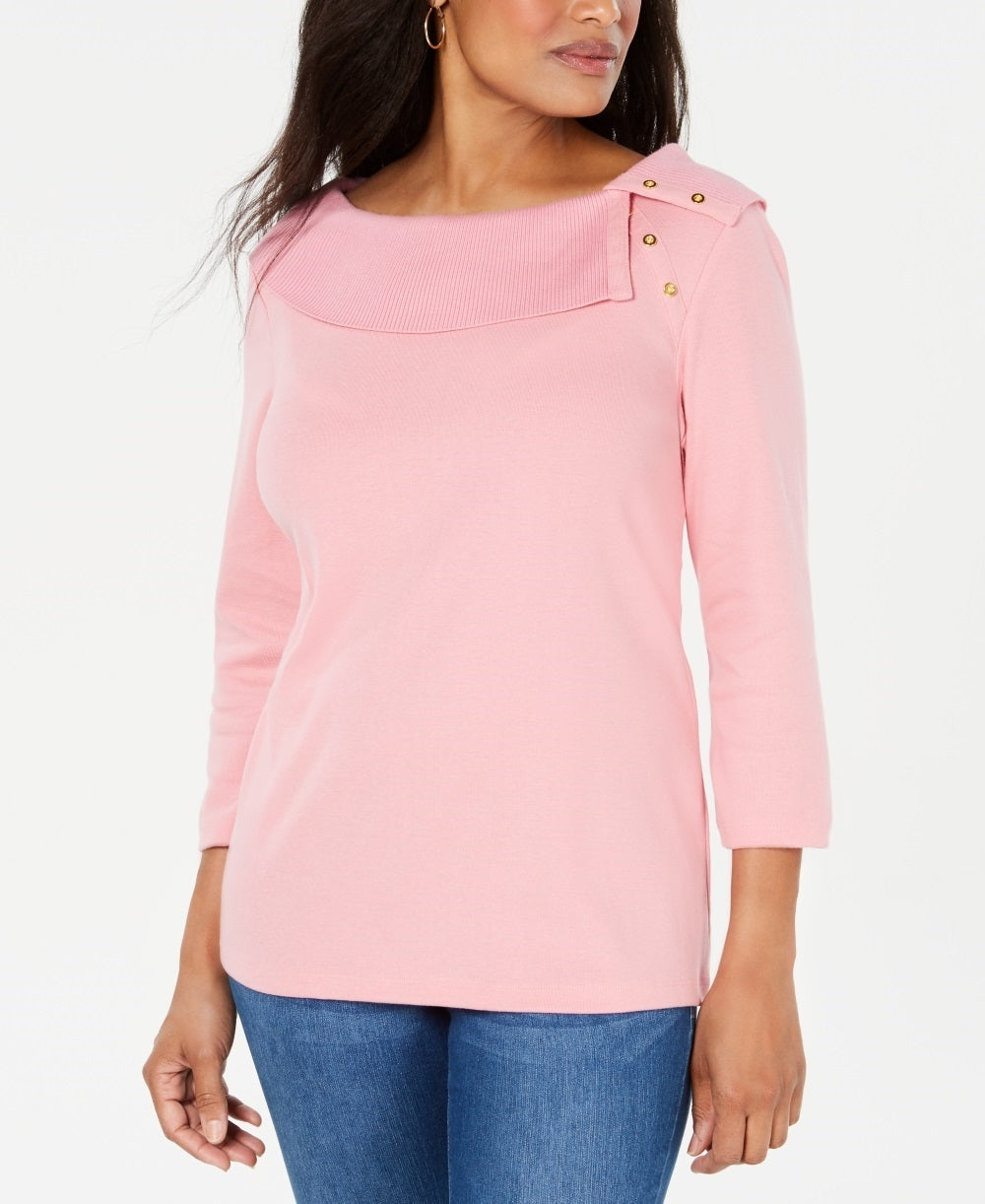 Blusa feminina Karen Scott de algodão com gola xale e botões, rosa, tamanho pequeno