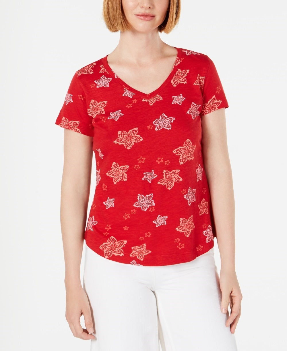 Camiseta feminina estampada com decote em V estilo vinho tamanho pequeno grande