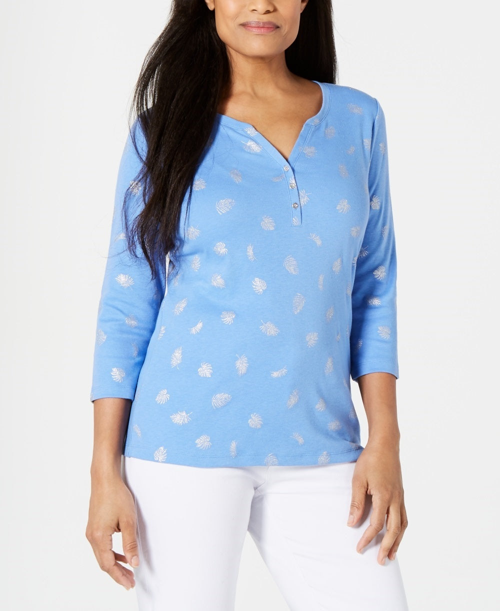 Karen Scott Blusa Henley Estampada Feminina Azul Tamanho Grande