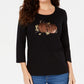 Blusa feminina Karen Scott de algodão com estampa de abóbora, preta, tamanho médio