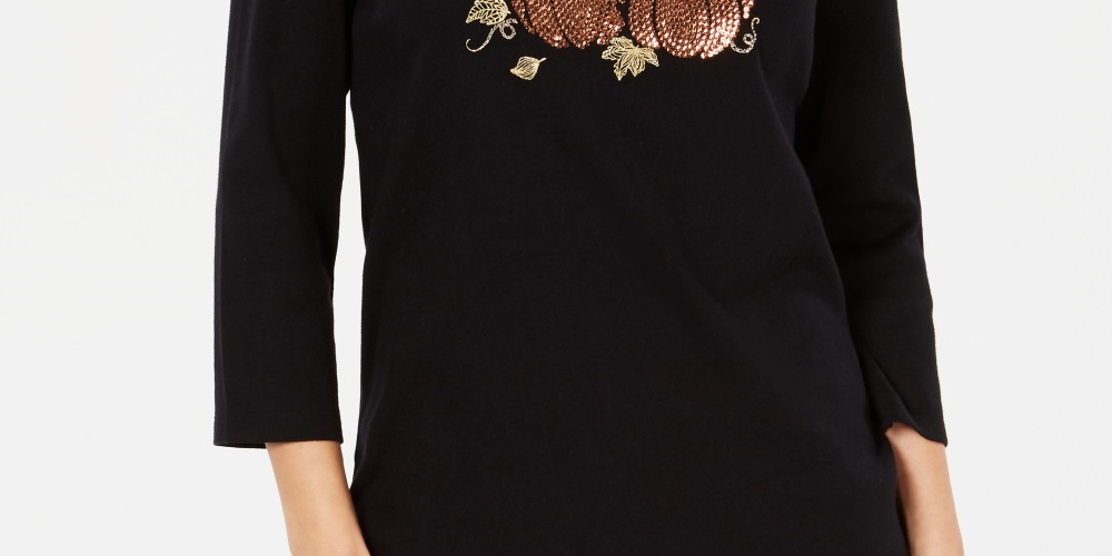 Blusa feminina Karen Scott de algodão com estampa de abóbora, preta, tamanho médio