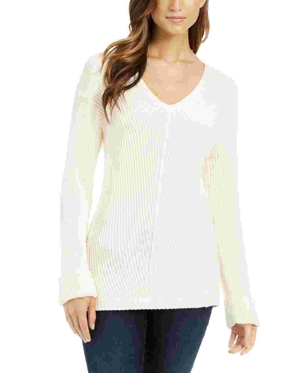 Blusa feminina Charter Club com estampa marfim, manga comprida, gola V, suéter, tamanho pequeno, extragrande