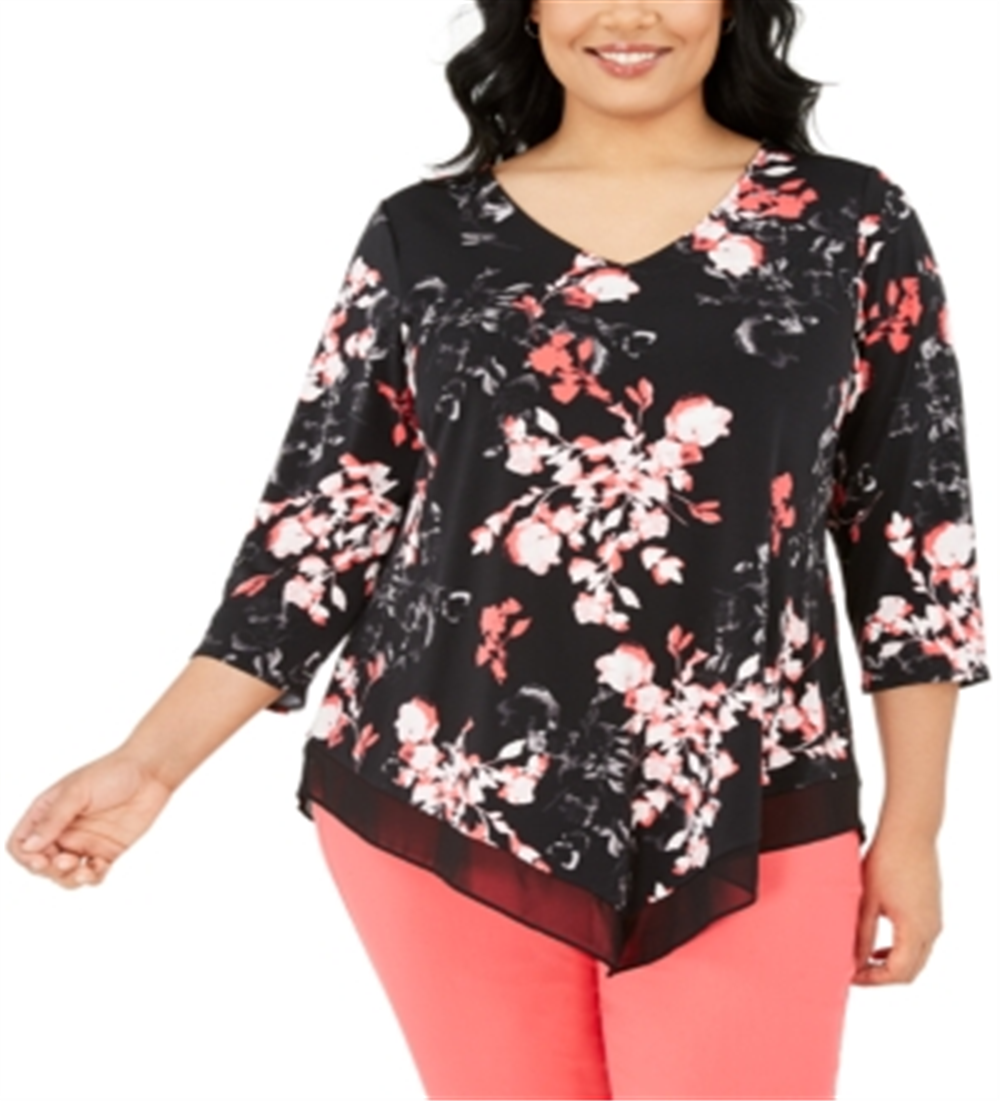 Blusa feminina Alfani Plus com estampa floral preta e bainha pontuda, tamanho 0X