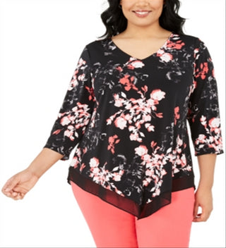 Blusa feminina Alfani Plus com estampa floral preta e bainha pontuda, tamanho 0X
