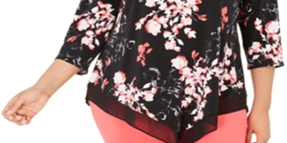 Blusa feminina Alfani Plus com estampa floral preta e bainha pontuda, tamanho 0X