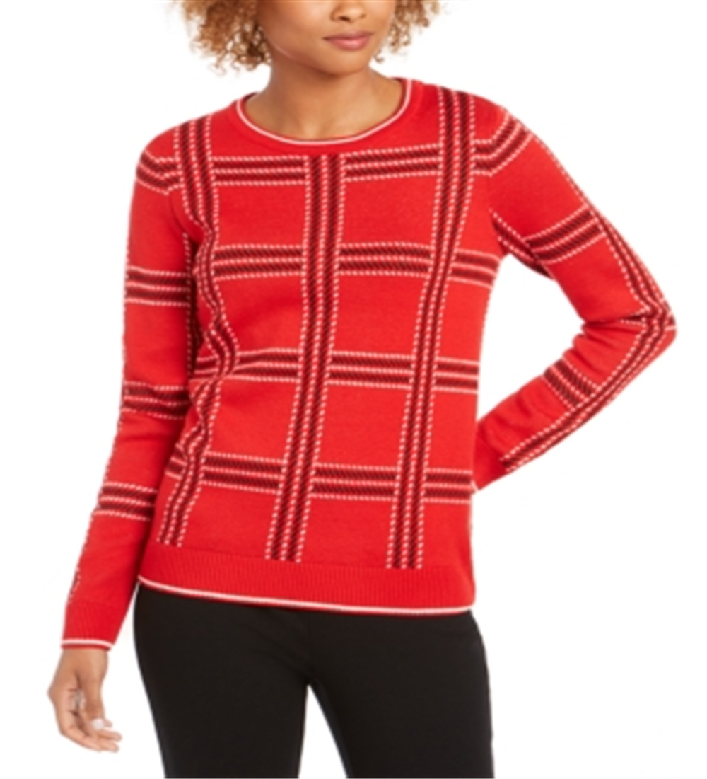 Suéter de malha xadrez feminino Charter Club, vermelho, tamanho pequeno GG