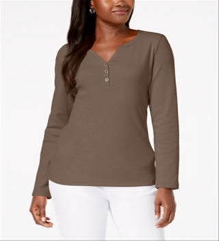 Karen Scott Blusa Feminina de Algodão com Gola Henley Castanha Tamanho Pequeno P/M