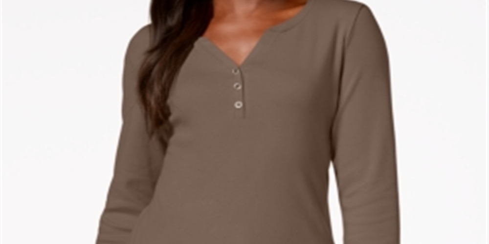Karen Scott Blusa Feminina de Algodão com Gola Henley Castanha Tamanho Pequeno P/M