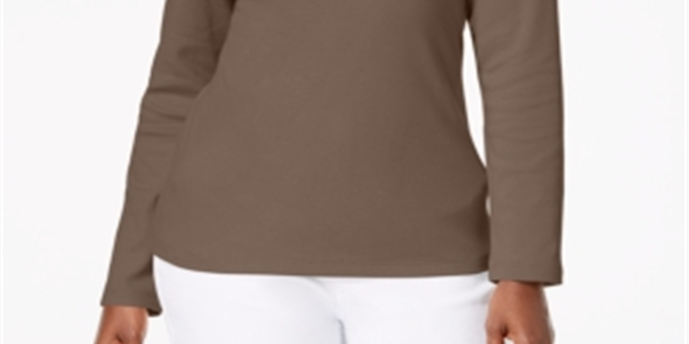 Karen Scott Blusa Feminina de Algodão com Gola Henley Castanha Tamanho Pequeno P/M