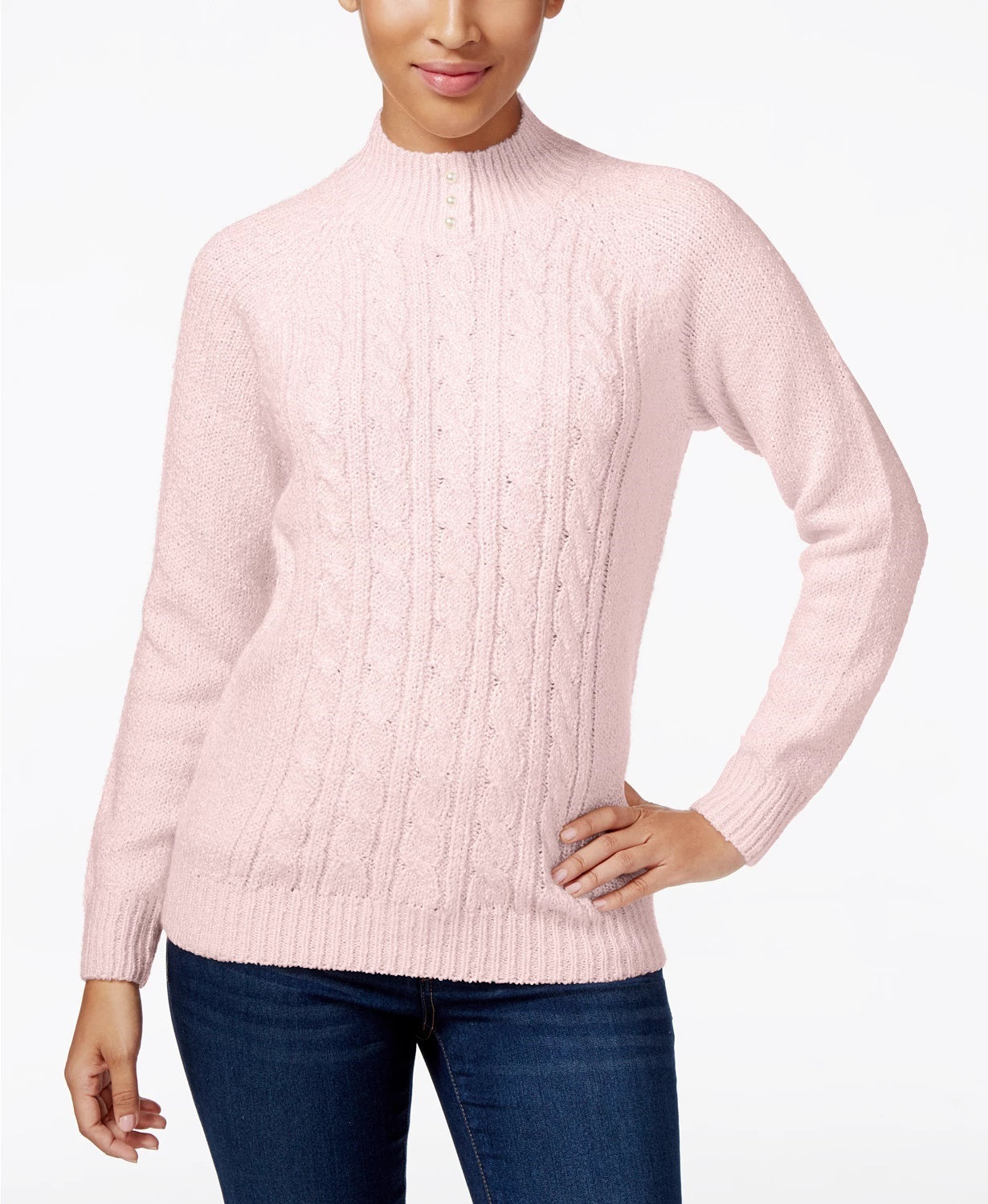 Karen Scott Suéter Feminino Petite Cable-Knit Rosa Tamanho Petite Pequeno