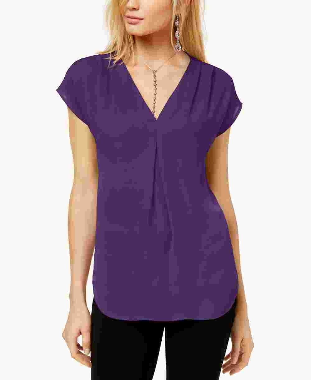 Blusa feminina com pregas invertidas e decote em V, tamanho XS, roxa, da INC International Concepts