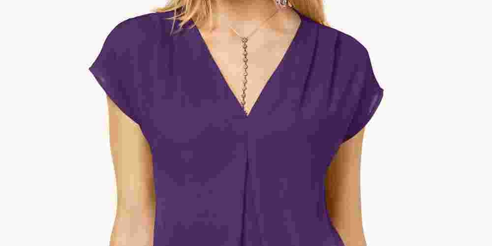 Blusa feminina com pregas invertidas e decote em V, tamanho XS, roxa, da INC International Concepts