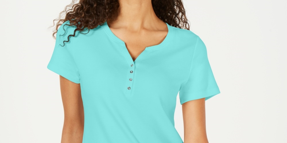 Karen Scott Top Henley de manga curta feminino azul tamanho médio