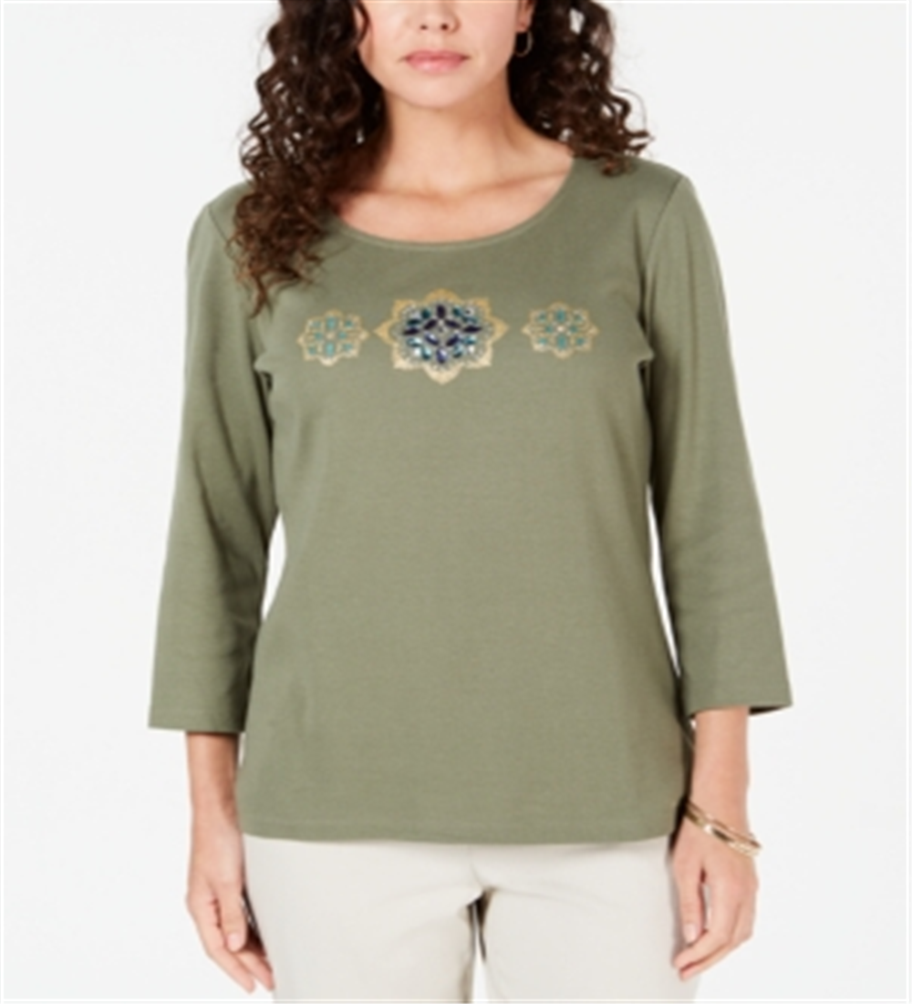 Karen Scott Blusa de algodão com strass para mulheres, verde, tamanho pequeno, extragrande