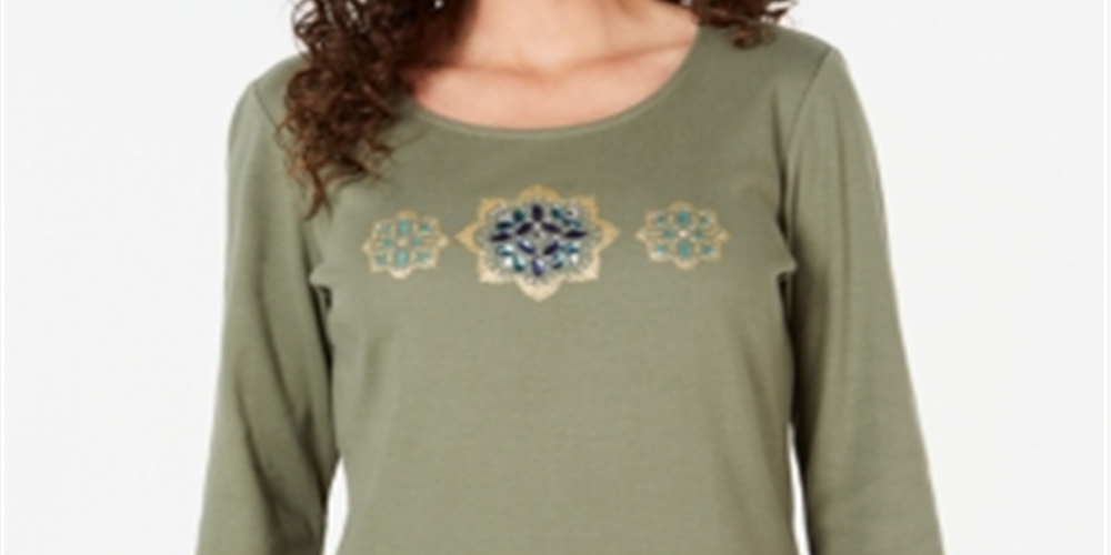 Karen Scott Blusa de algodão com strass para mulheres, verde, tamanho pequeno, extragrande