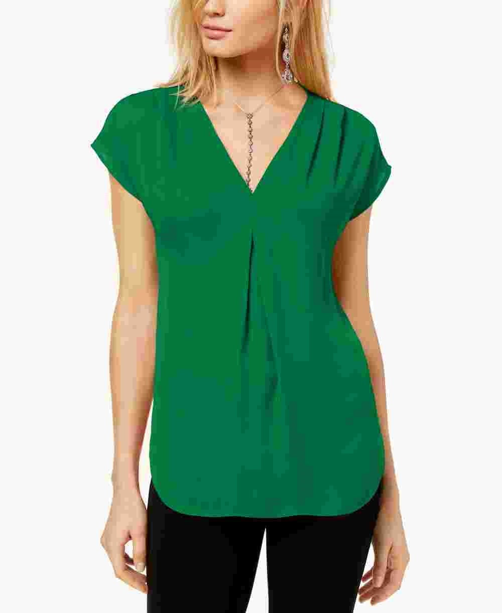 INC International Concepts Top feminino com pregas invertidas e decote em V, verde, tamanho X-S