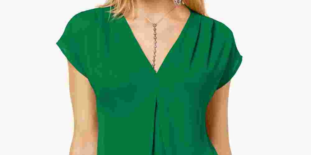 INC International Concepts Top feminino com pregas invertidas e decote em V, verde, tamanho X-S