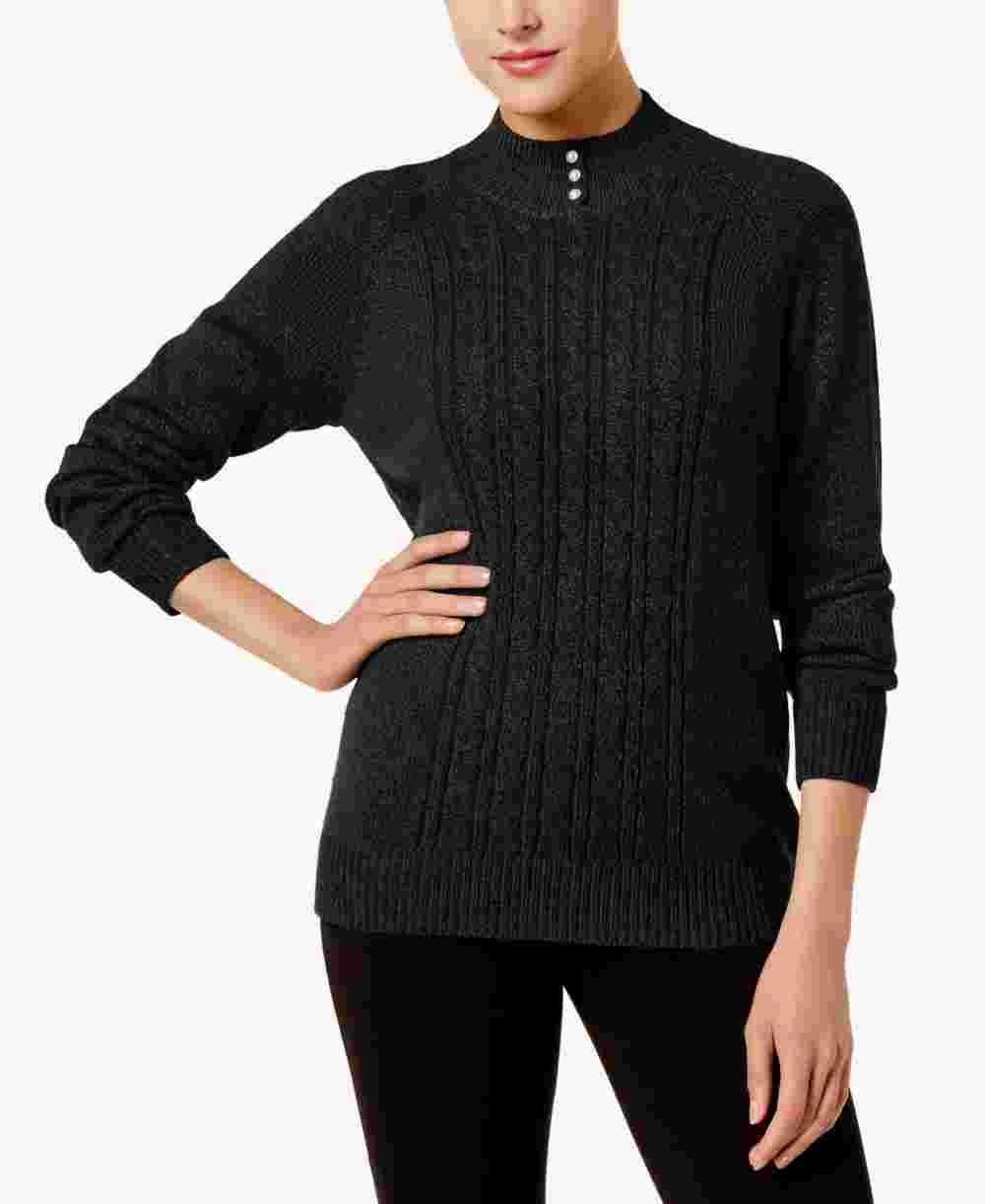 Karen Scott Suéter Feminino Petite Gola Mock em Tricô Preto Tamanho Petite
