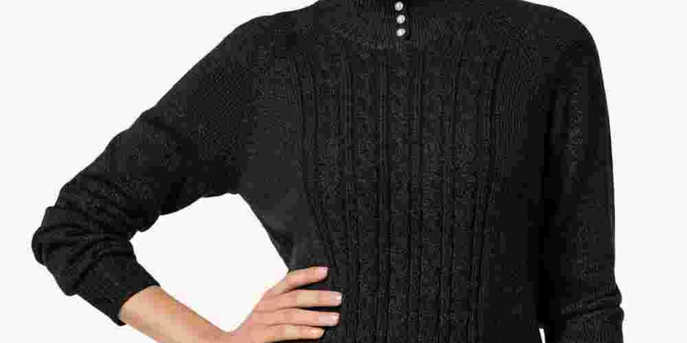 Karen Scott Suéter Feminino Petite Gola Mock em Tricô Preto Tamanho Petite
