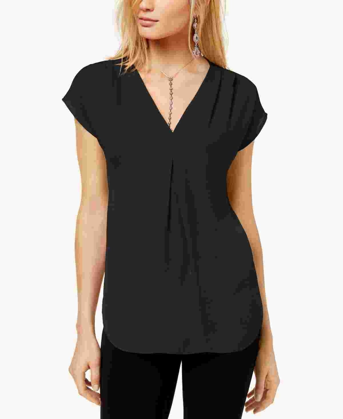 Blusa feminina com pregas invertidas e decote em V, preta, tamanho X-S