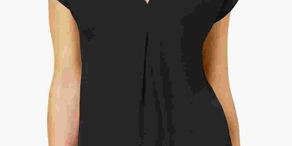 Blusa feminina com pregas invertidas e decote em V, preta, tamanho X-S