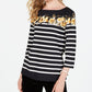 Charter Club Top feminino listrado com estampa floral, preto, pequeno, pequeno