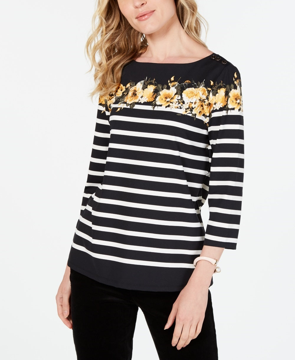 Charter Club Top feminino listrado com estampa floral, preto, pequeno, pequeno