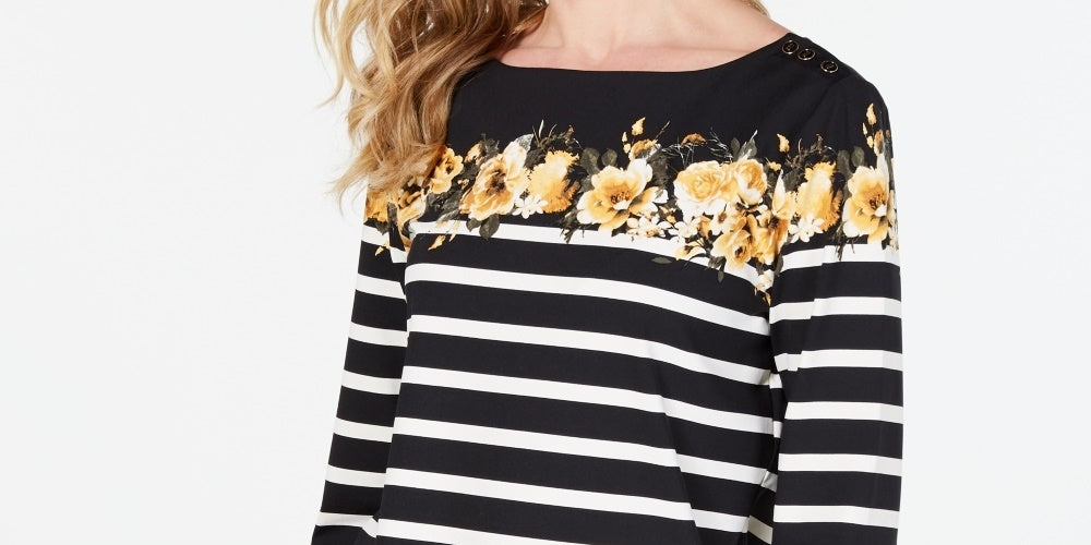 Charter Club Top feminino listrado com estampa floral, preto, pequeno, pequeno
