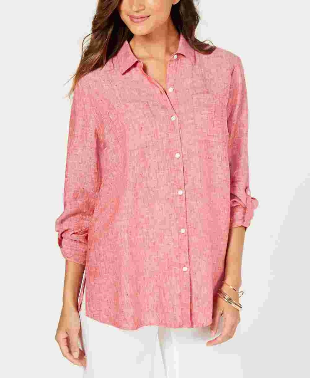 Camisa utilitária feminina Charter Club de linho, tamanho médio, rosa