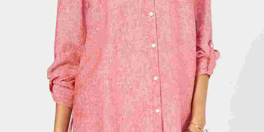 Camisa utilitária feminina Charter Club de linho, tamanho médio, rosa