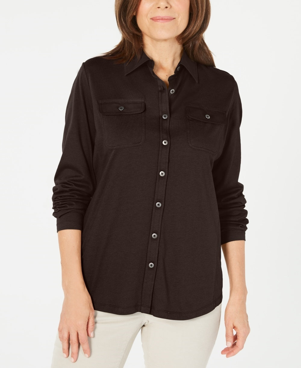 Karen Scott Blusa Feminina Mix-Media com Botões Frontais Marrom Tamanho Médio