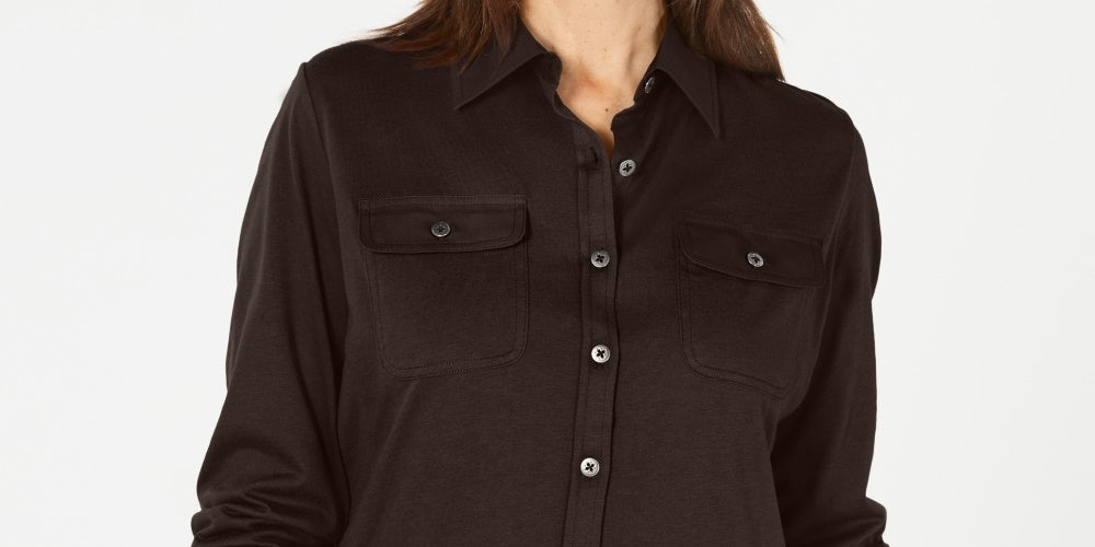 Karen Scott Blusa Feminina Mix-Media com Botões Frontais Marrom Tamanho Médio