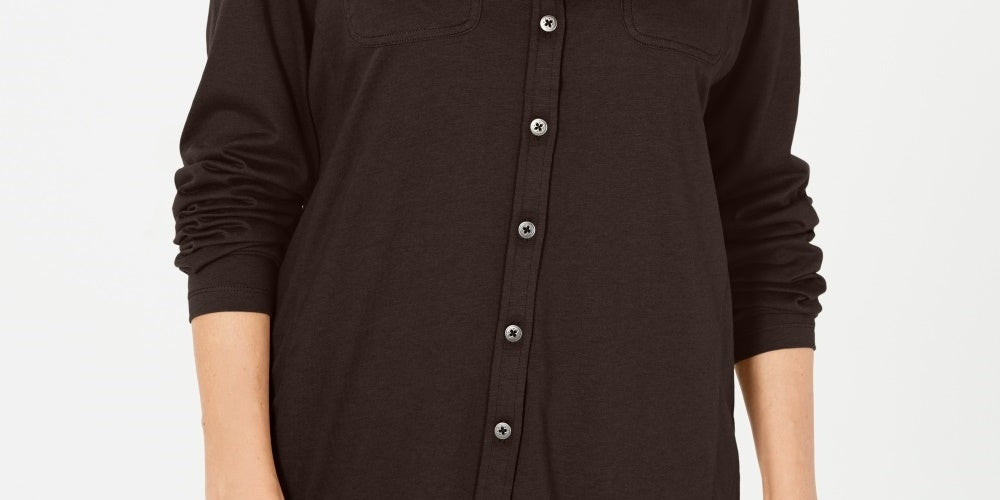 Karen Scott Blusa Feminina Mix-Media com Botões Frontais Marrom Tamanho Médio