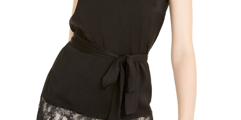 Túnica feminina Michael Kors com cinto e acabamento em renda, tamanho regular e pequeno, preta, tamanho extragrande