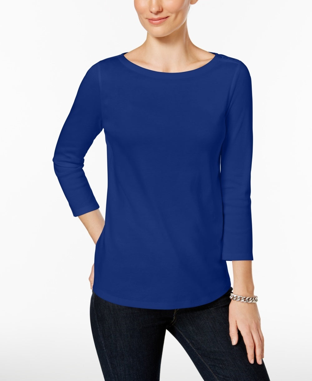 Charter Club Petite Pima Cotton Top com botões e ombros de fora, azul pequeno grande