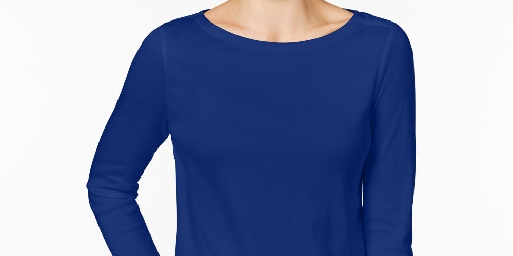 Charter Club Petite Pima Cotton Top com botões e ombros de fora, azul pequeno grande