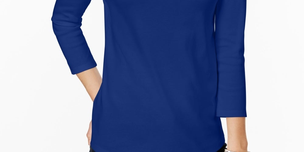 Charter Club Petite Pima Cotton Top com botões e ombros de fora, azul pequeno grande